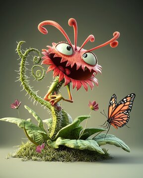 Whimsical cartoon venus flytrap playing with a butterfly, playful character design