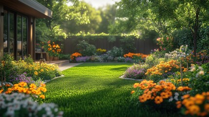 Obraz premium Relaxing gardening scene. Featuring a person planting flowers in a backyard. Highlighting nature and relaxation. Ideal for home and garden magazines.