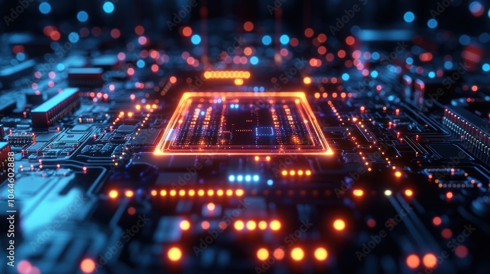 Aufkleber futuristic circuit board with glowing elements and microchips.