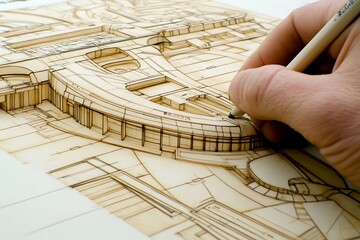 A hand sketching a detailed architectural design on a wooden surface.