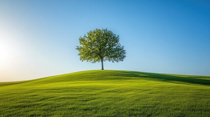 Vibrant Tree on Green Hill Under Clear Blue Sky