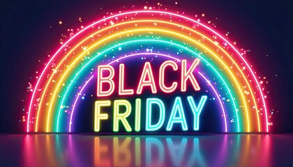 Playful neon rainbow theme and Black Friday sale text in glowing multicolored letters.