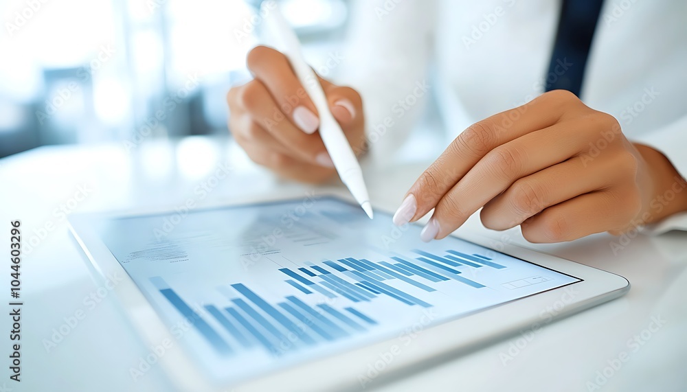 Poster woman's hand using a stylus on a tablet with data on the screen.
