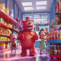 Obraz premium An animated candy store with a vibrant atmosphere, showcasing colorful candy display cases and playful animations