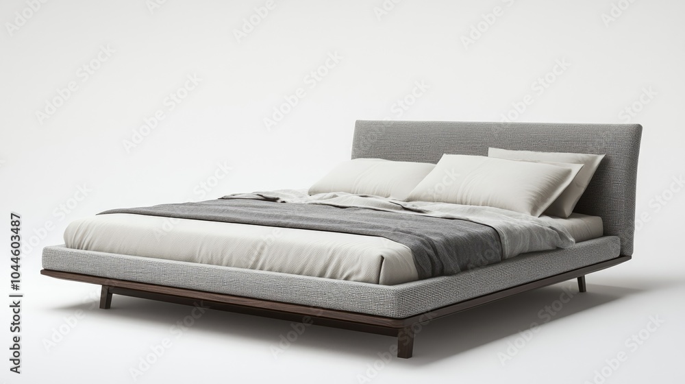 Poster experience tranquility with a minimalist gray bed set against a pristine white backdrop creating an 