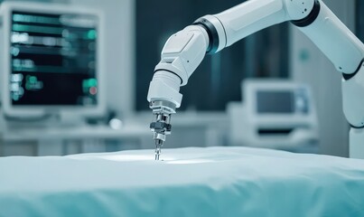 A robotic arm is poised above a surgical table in a modern medical facility, ready to assist in intricate procedures.