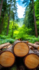 A serene forest scene featuring stacked logs with fresh greenery in the background, showcasing nature's tranquility and beauty.