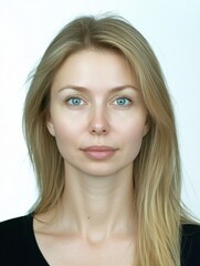 Passport-style photo of an adult woman with no makeup, showcasing her natural beauty