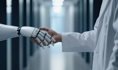 A robotic hand shakes hands with a human in a modern corridor, symbolizing collaboration between technology and healthcare.