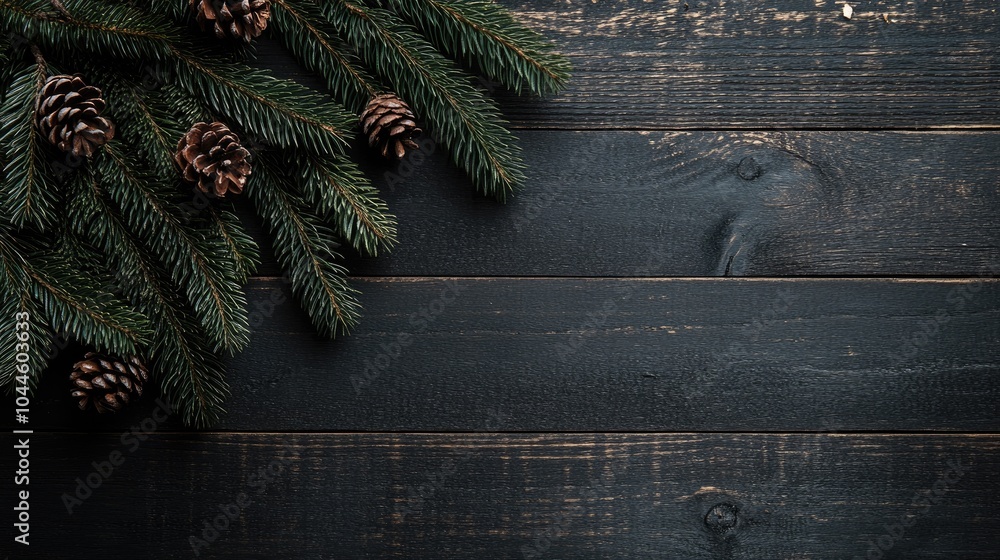 Poster christmas greeting card featuring decorative elements and a fir tree branch on a dark wooden backgro