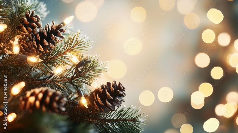 Aufkleber festive backdrop featuring a pine branch adorned with cones and string lights set against a soft blu