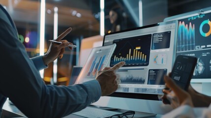 Fototapeta premium business people team analytics and monitoring on web report dashboard monitor concept and vector illustration business working concept