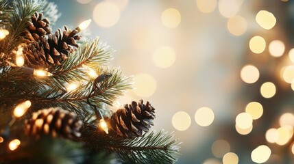 Obraz premium Festive backdrop featuring a pine branch adorned with cones and string lights set against a soft blurred background with warm bokeh evoking a serene holiday ambiance