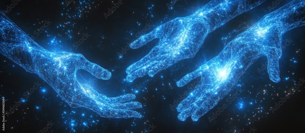 Canvas Prints three glowing blue hands reaching out to each other, surrounded by sparkling particles.
