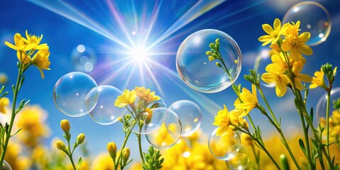 Fototapeta premium Vibrant spring scene with yellow flower blossoms refracted in clear bubbles against blue sky, bright sun