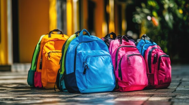 Colorful backpacks arranged on the ground at a school entrance symbolizing the excitement of a new school year and the return to learning