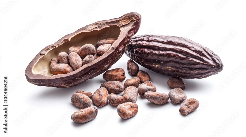 Poster raw cacao beans and cocoa pod on a white background