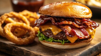 Gourmet barbecue cheeseburger topped with bacon and onion rings A closeup of mouthwatering handmade food ideal for restaurant cafe or bar menus