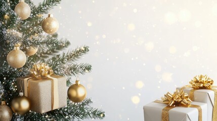 Festive background featuring a Christmas tree adorned with golden decorations and gifts tied with gold ribbons on a light backdrop offering ample space for text