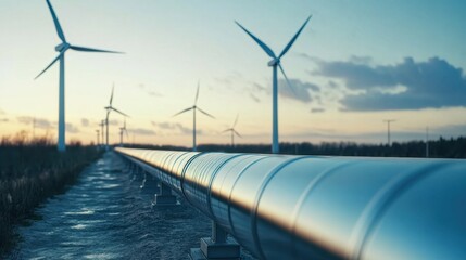 A realistic view of a hydrogen pipeline running beside wind turbines, symbolizing sustainable energy infrastructure. Focus on eco-friendly solutions for future fuel