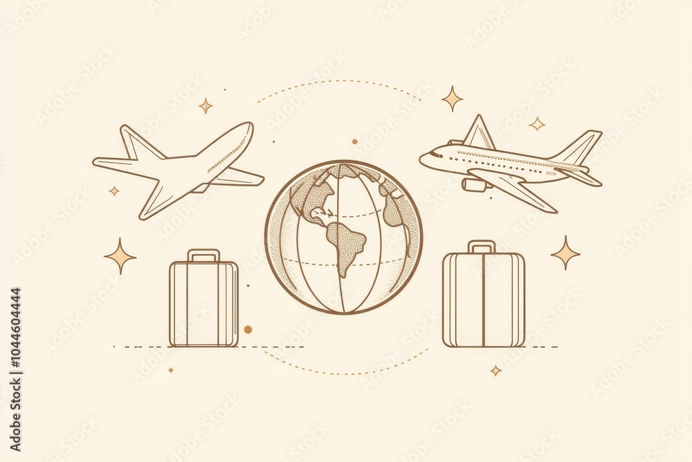 Aufkleber travel enthusiasts can visualize global adventures with a globe, mid-flight airplanes, and packed su