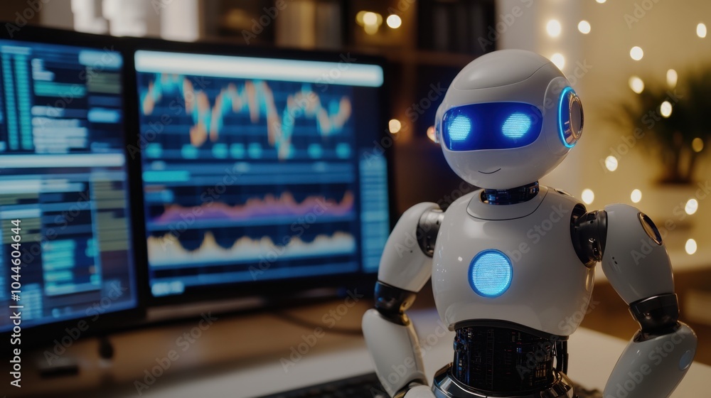 Poster a robotic assistant managing stock charts and global investments across multiple screens, highlighti