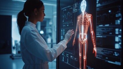 A scientist examines a digital display of the human body, showcasing advanced medical technology and anatomical visualization.