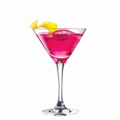 A vibrant Cosmopolitan cocktail with a twist of lemon peel and a splash of cranberry juice, served in a sleek martini glass, the pink hue sparkling under light