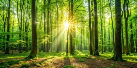 Obraz premium Lush green forest with the sun shining through beech trees, nature, trees, sunlight, foliage, leaves, greenery, scenic