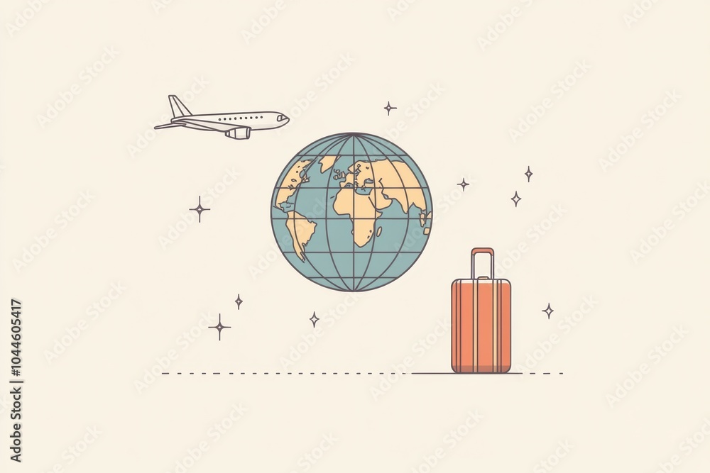 Aufkleber embark on an exciting journey as an airplane flies high above a globe, accompanied by a suitcase rea
