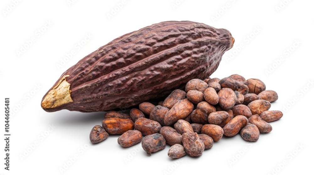 Poster raw cacao beans and cocoa pod on a white background