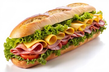 Footlong ham & swiss submarine sandwich isolated on white background