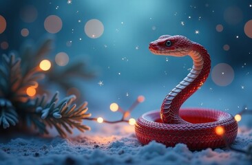 Obraz premium Red snake sits coiled in the snow, surrounded by glowing holiday lights and soft falling snowflakes. The festive atmosphere blends with the snake’s striking colors, creating a magical winter scene