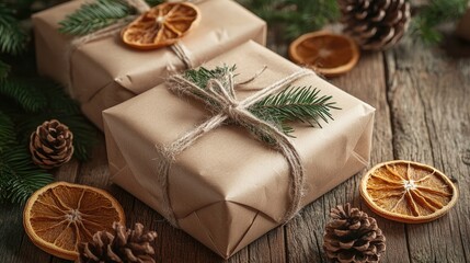 Holiday gifts wrapped in kraft paper decorated with twine and natural elements placed with pinecones and dried orange slices on a rustic wooden tabletop