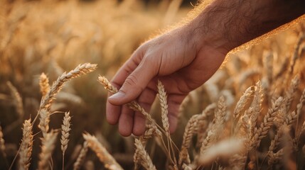 A male hand softly caresses dry cereal plants in warm gentle light capturing a heartfelt moment in an agricultural setting
