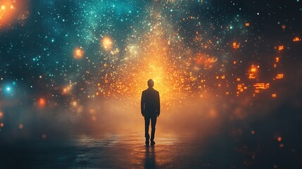 Obraz premium Silhouette of a Man Gazing at a Cosmic Sky - A Dreamy Digital Artwork