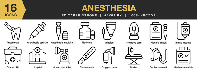 Anesthesia icon set. Editable Stroke Icon Collection. Includes medicine, syringe, hospital, infusion, medical check, and More. Outline icons vector collection.