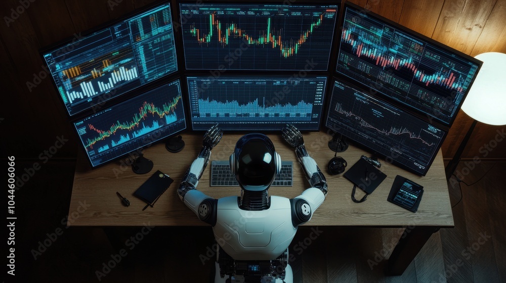 Poster a top-down view of a robot controlling multiple screens displaying stock charts and global investmen