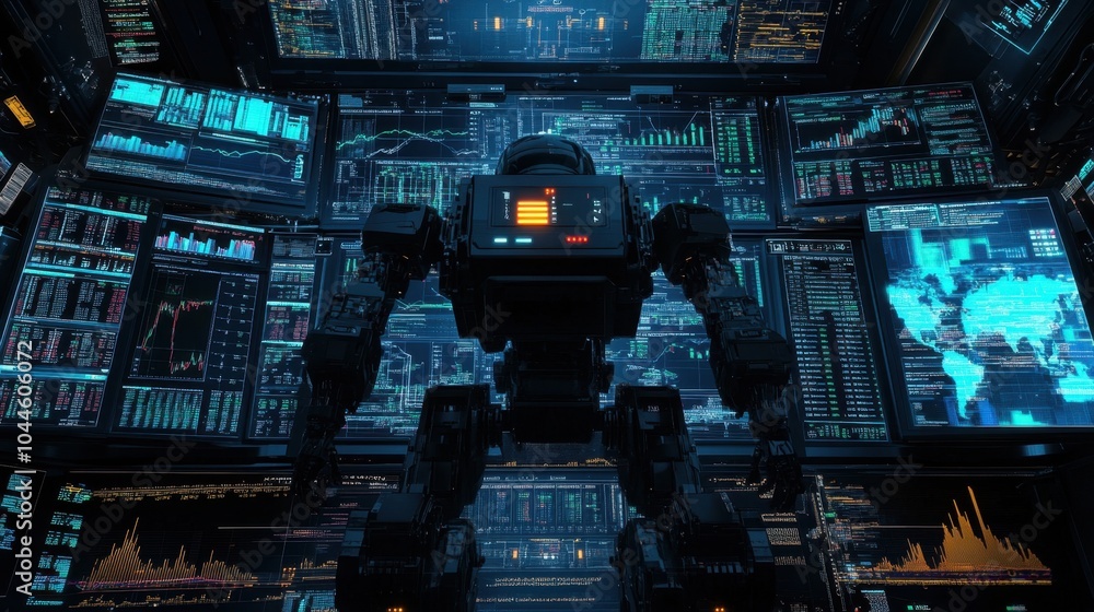 Poster a top-down view of a robot controlling multiple screens displaying stock charts and global investmen
