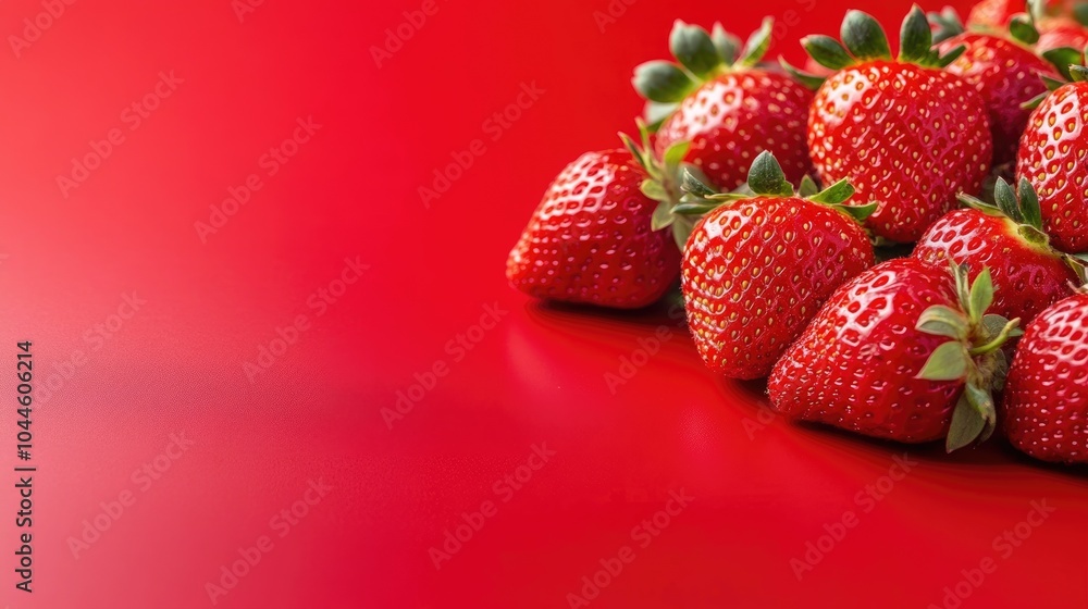 Poster fresh ripe red strawberries on a vibrant red tabletop featuring empty space for text highlighting th