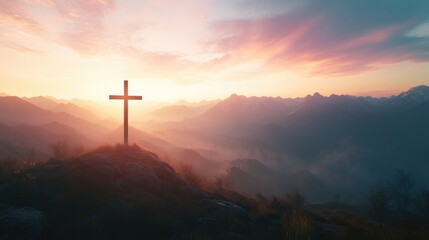 A tranquil sunrise casts light over mountains featuring a cross silhouette that represents peace and hope within the beauty of nature