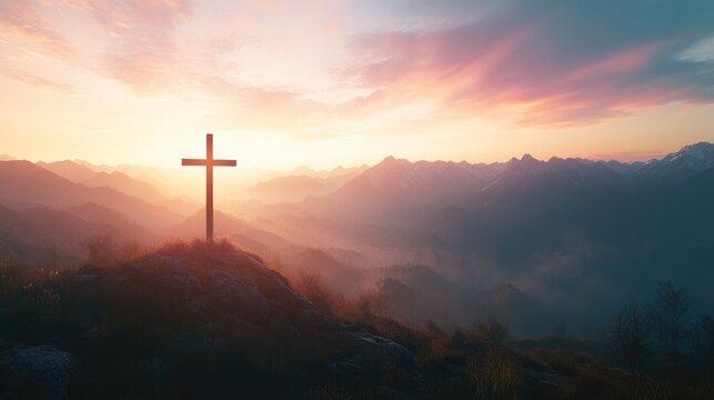 A tranquil sunrise casts light over mountains featuring a cross silhouette that represents peace and hope within the beauty of nature