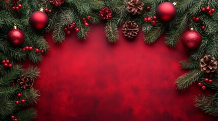 A red background with a Christmas tree and red ornaments
