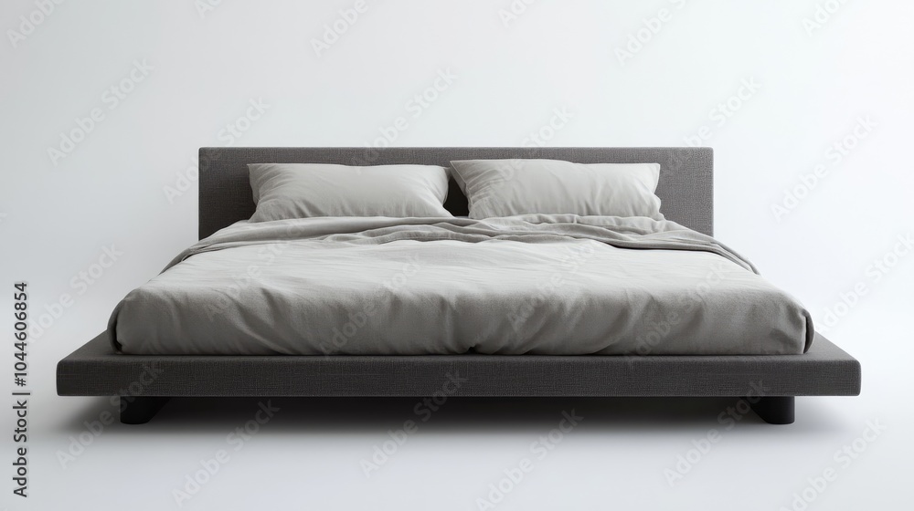 Poster experience tranquility with a minimalist gray bed set against a pristine white backdrop creating an 