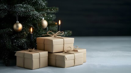 Christmas Presents Under the Tree with Glowing Candles