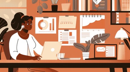 Independent woman in coffee color inch shirt working in front of notebook in modern office, desk, office woman, independent woman