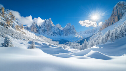 Obraz premium Snowboarder carving through fresh powder in the Dolomites under a bright winter sun
