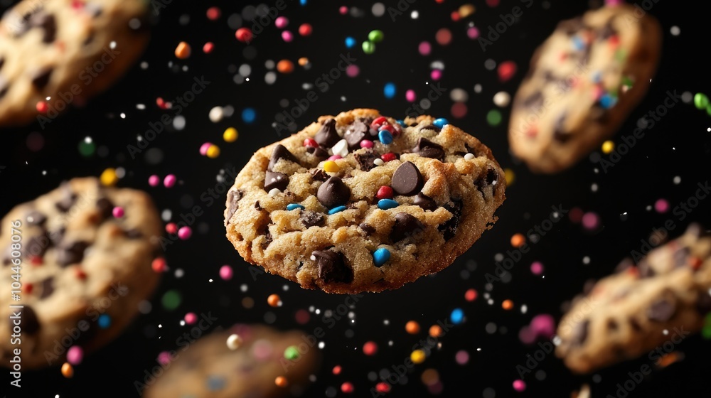 Aufkleber dynamic capture of chocolate chip cookies with vibrant sprinkles floating creating a playful and ima