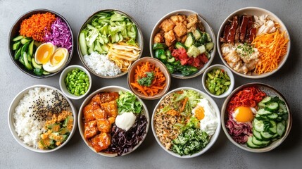Top view arrangement of an assortment of Asian cuisine served in bowls