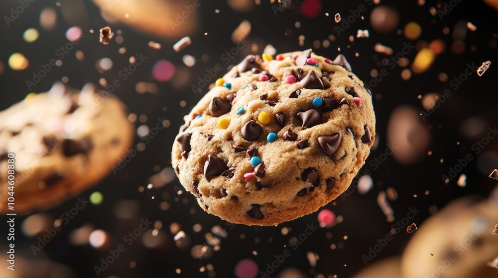 Aufkleber dynamic capture of chocolate chip cookies with vibrant sprinkles floating creating a playful and ima
